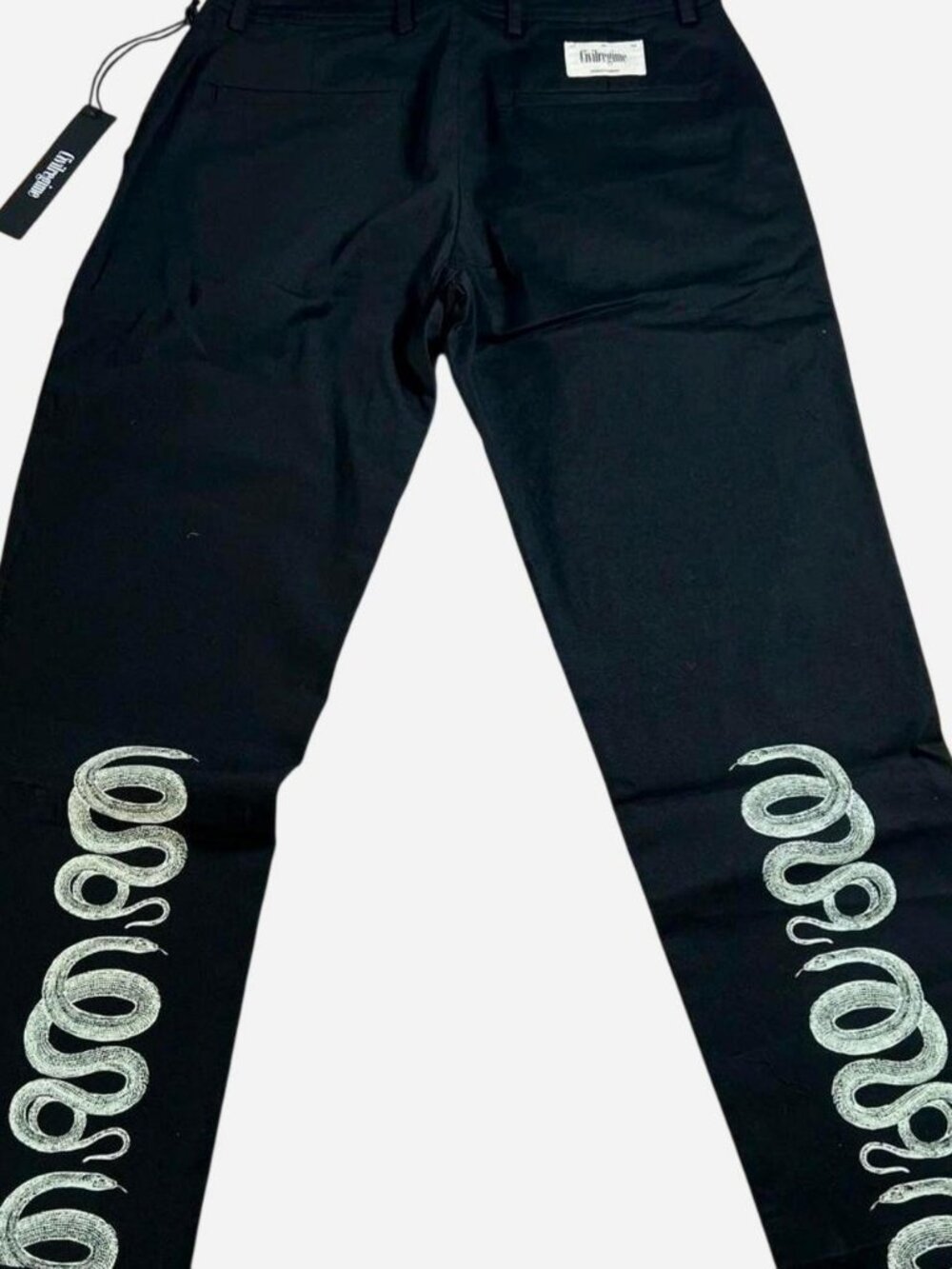 Civil Regime black chino pants with snake print on the side. Size: 32" #skater #